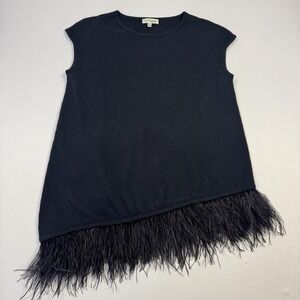 Neiman Marcus Sweater Tunic Womens L Black 100% Cashmere Sleeveless Fringe
